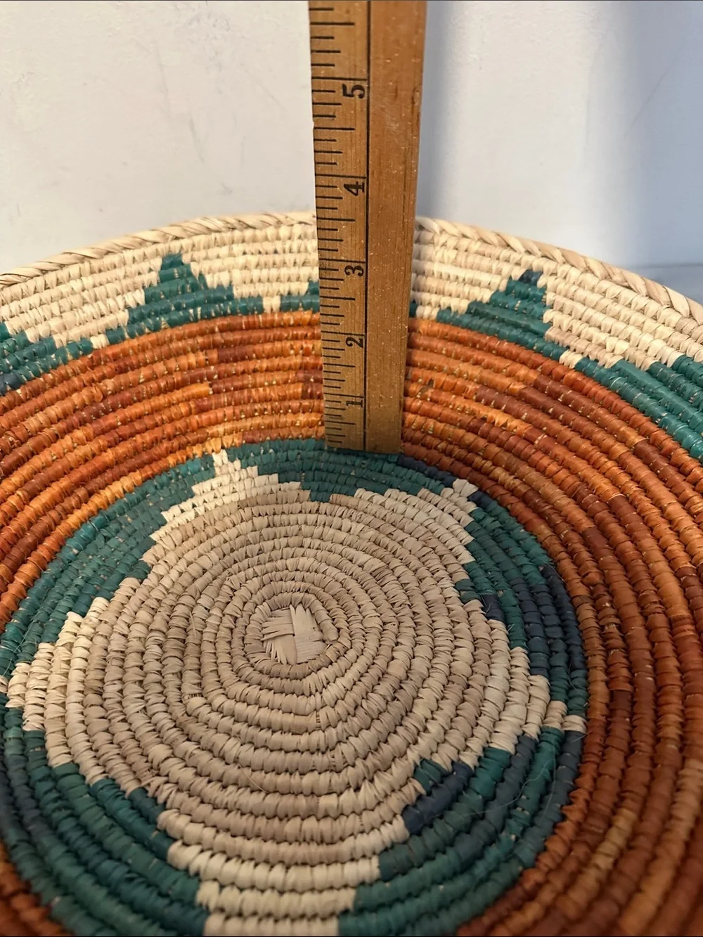 Vintage African Handwoven Decorative Wall Basket in Natural, Teal, and Brown